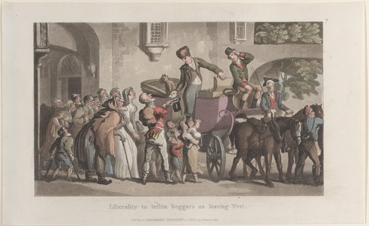Liberalitás a beteg koldusok Yrvi elhagyásakor, a Journal of Sentimental Travels in the ..., 1821-ből. alkotó: Thomas Rowlandson