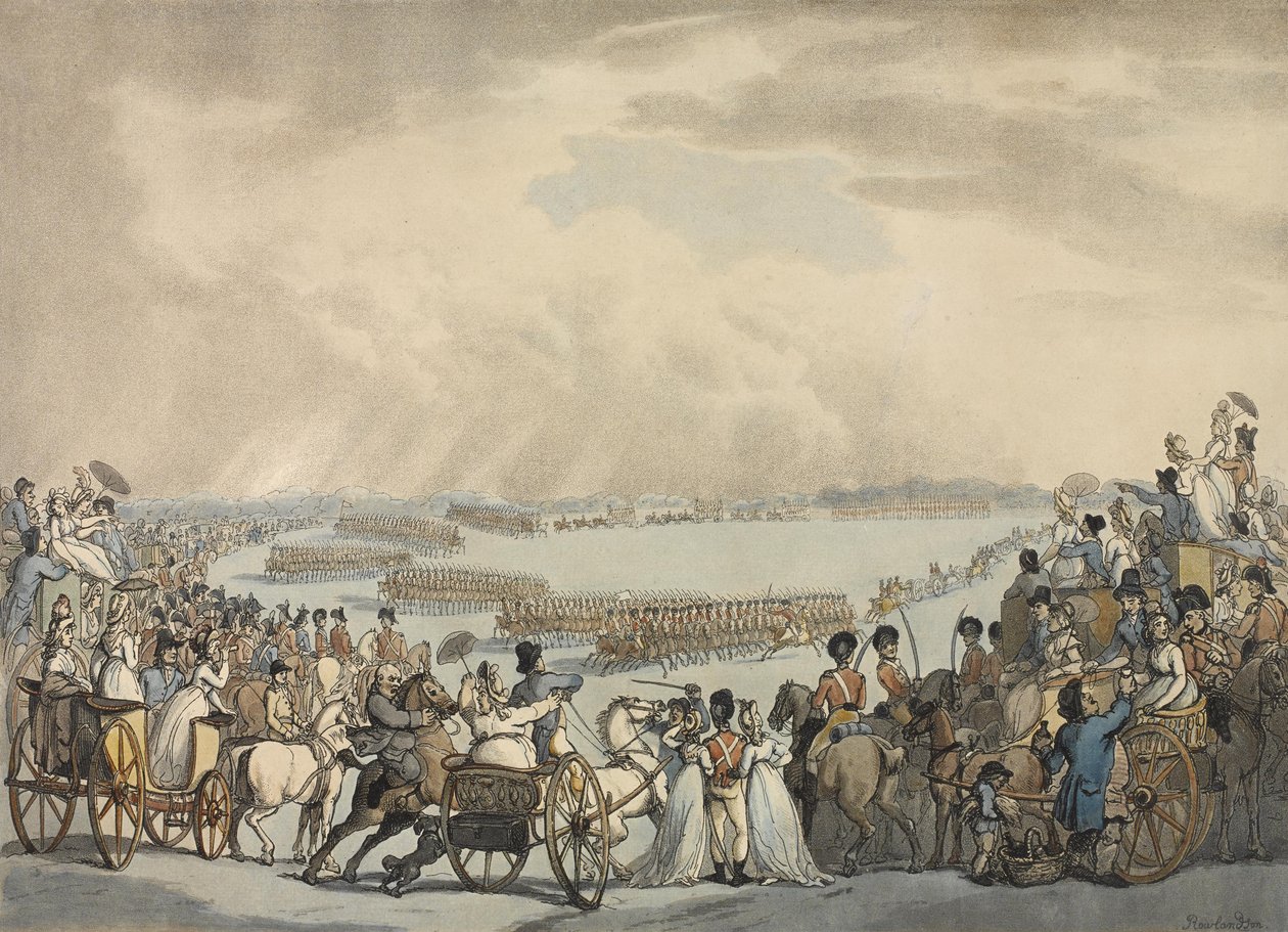 A londoni és a westminsteri Light Horse Volunteers, Herries ezredes parancsnoka, őfelsége, Wimbledon Common, 1798. július 5. (színes akvatinta) alkotó: Thomas Rowlandson