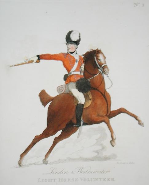 London and Westminster Light Horse Volunteer, 1. lemez a „Loyal Volunteers of London and Environs”-tól, 1798-ban (színes litho) alkotó: Thomas Rowlandson