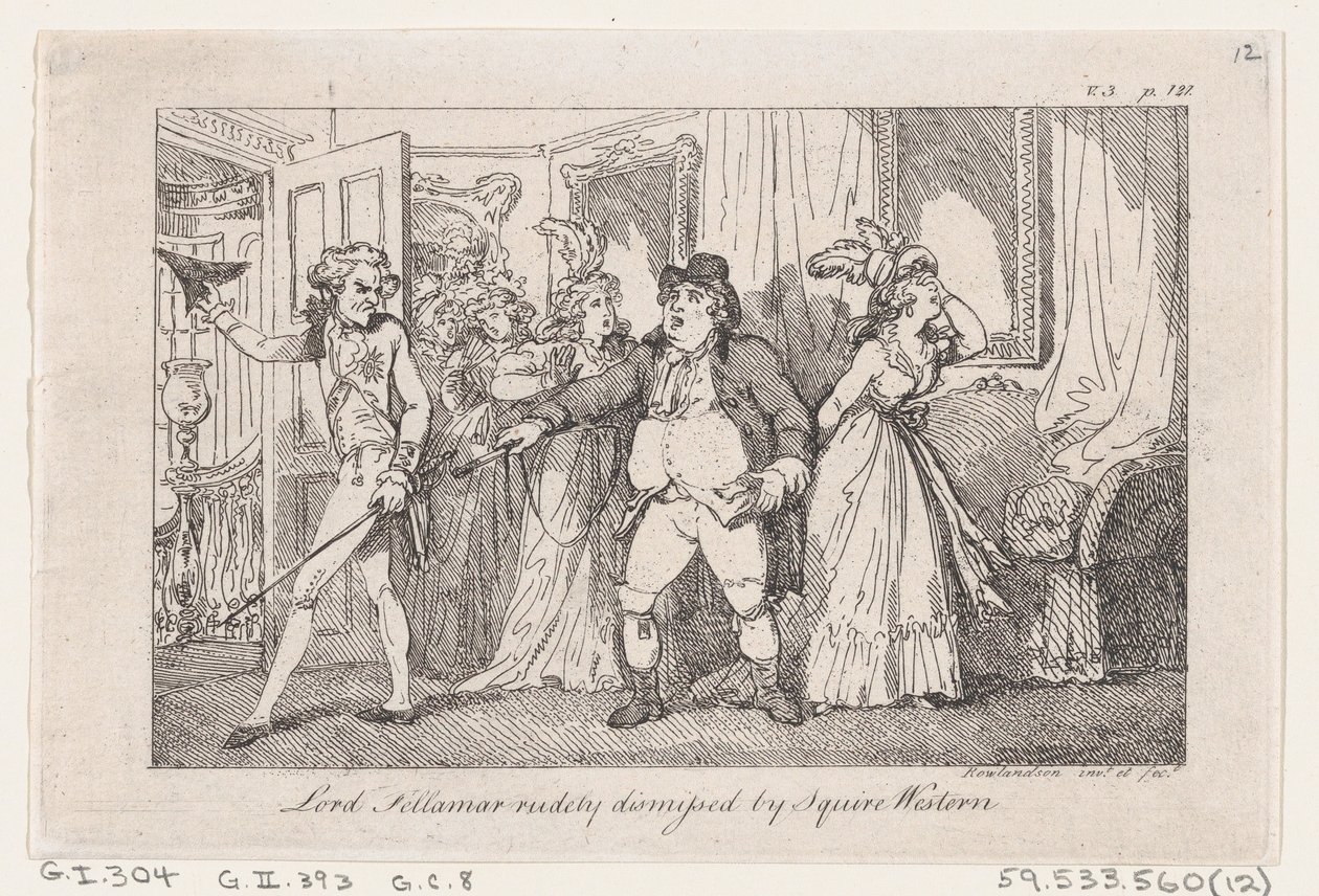 Lord Tellamar Rudelyt elbocsátotta a Squire Western, a The History of Tom Jones, a Foundl..., 1792-ből. alkotó: Thomas Rowlandson