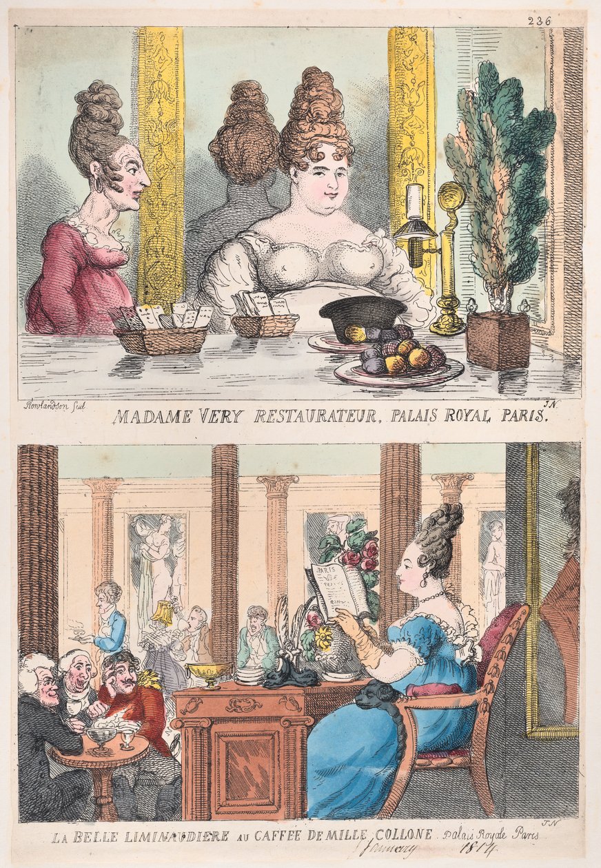 Madame Very Restauranteur, Palais Royal Paris és La Belle Liminaudiere a Caffee De Mille...-ben, 1814. alkotó: Thomas Rowlandson