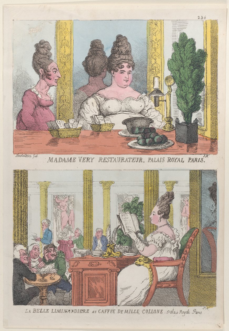 Madame Very Restauranteur, Palais Royal Paris és La Belle Liminaudiere a Caffee De Mille...-ben, 1814. alkotó: Thomas Rowlandson