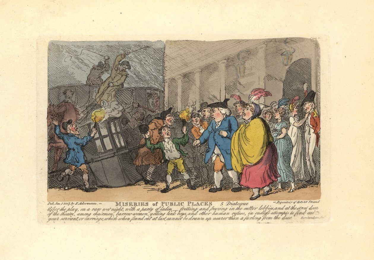 Férfi és hölgyek hintót keresnek a tömegben az esőben. alkotó: Thomas Rowlandson