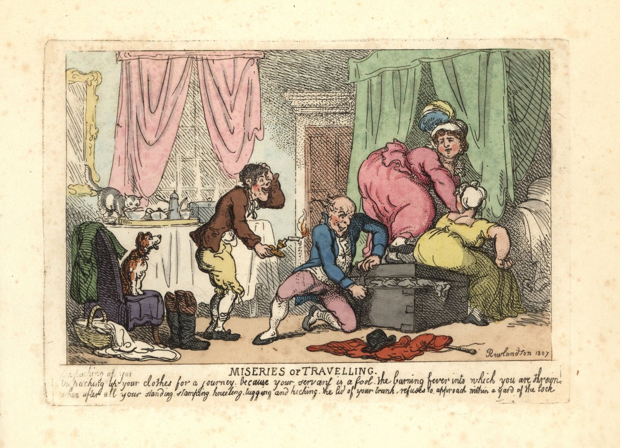 Férfi és két nő, akik nem tudják bezárni a csomagtartót. alkotó: Thomas Rowlandson