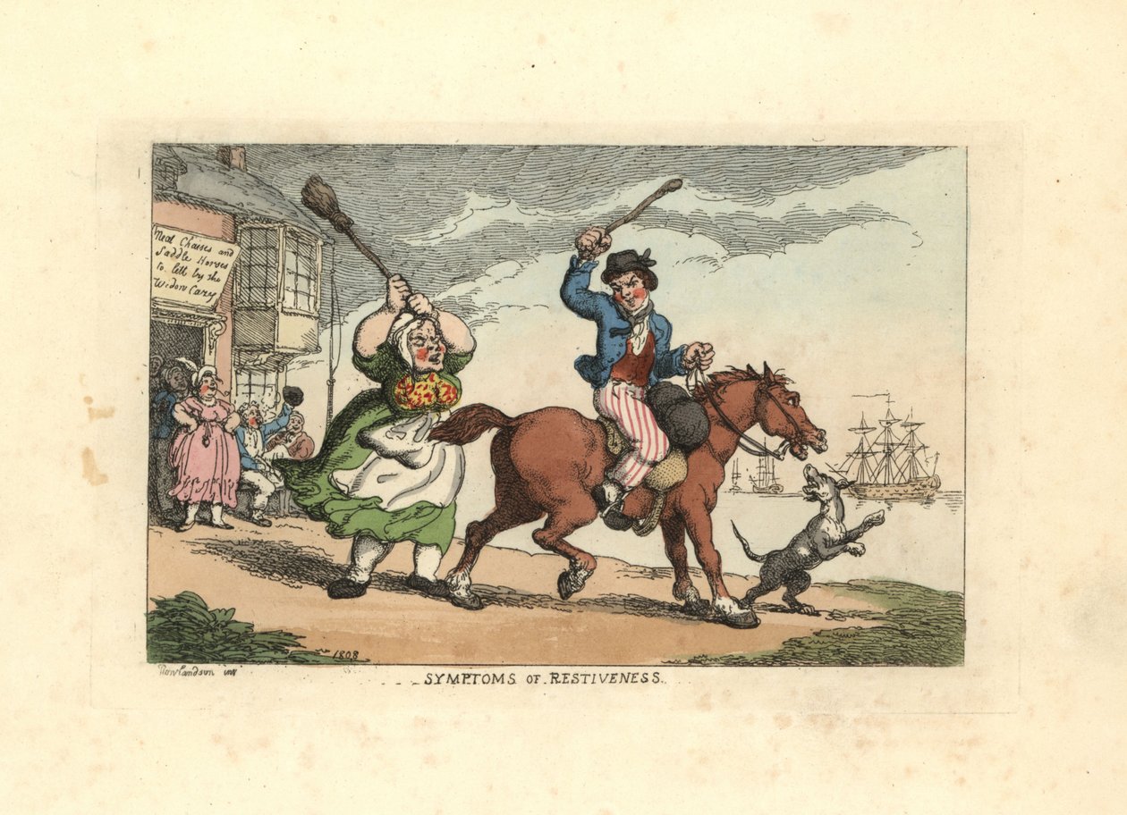 Az ember egy makacs lovat ütővel ver, míg a tulajdonos Wido alkotó: Thomas Rowlandson