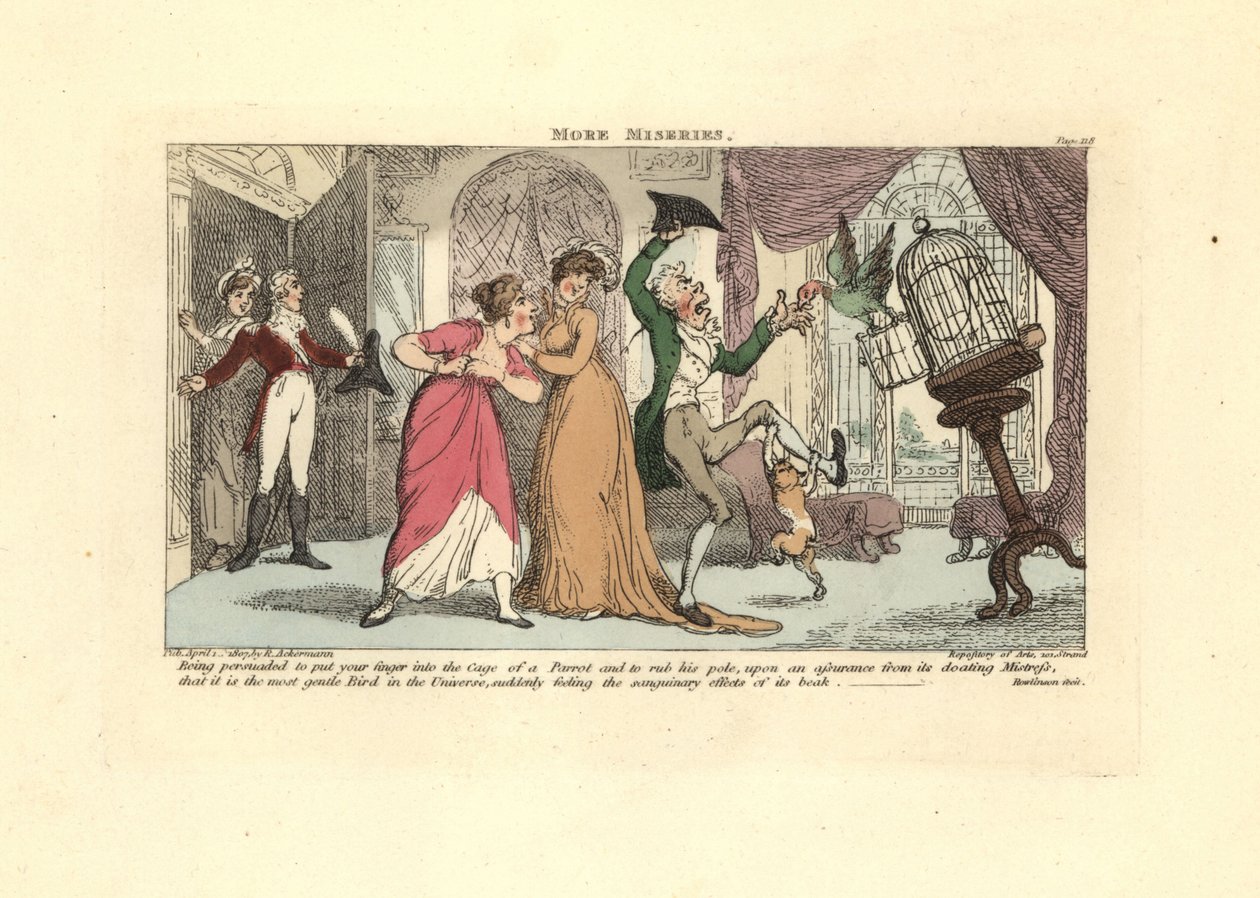 Az embert megtámadta egy papagáj és egy macska a szalonban. alkotó: Thomas Rowlandson