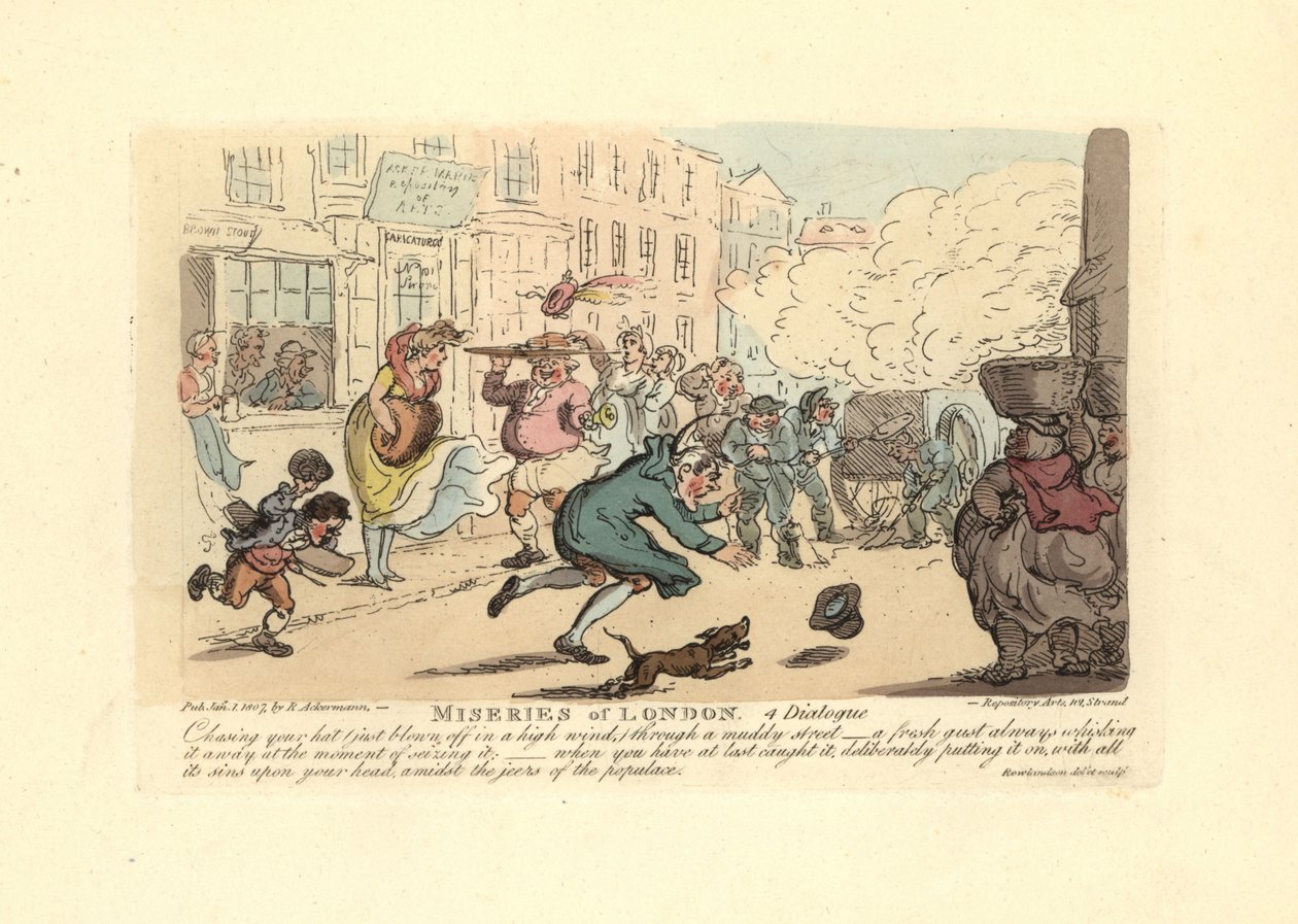 Férfi, aki a kalapját kergeti egy sáros utcán erős szélben. alkotó: Thomas Rowlandson