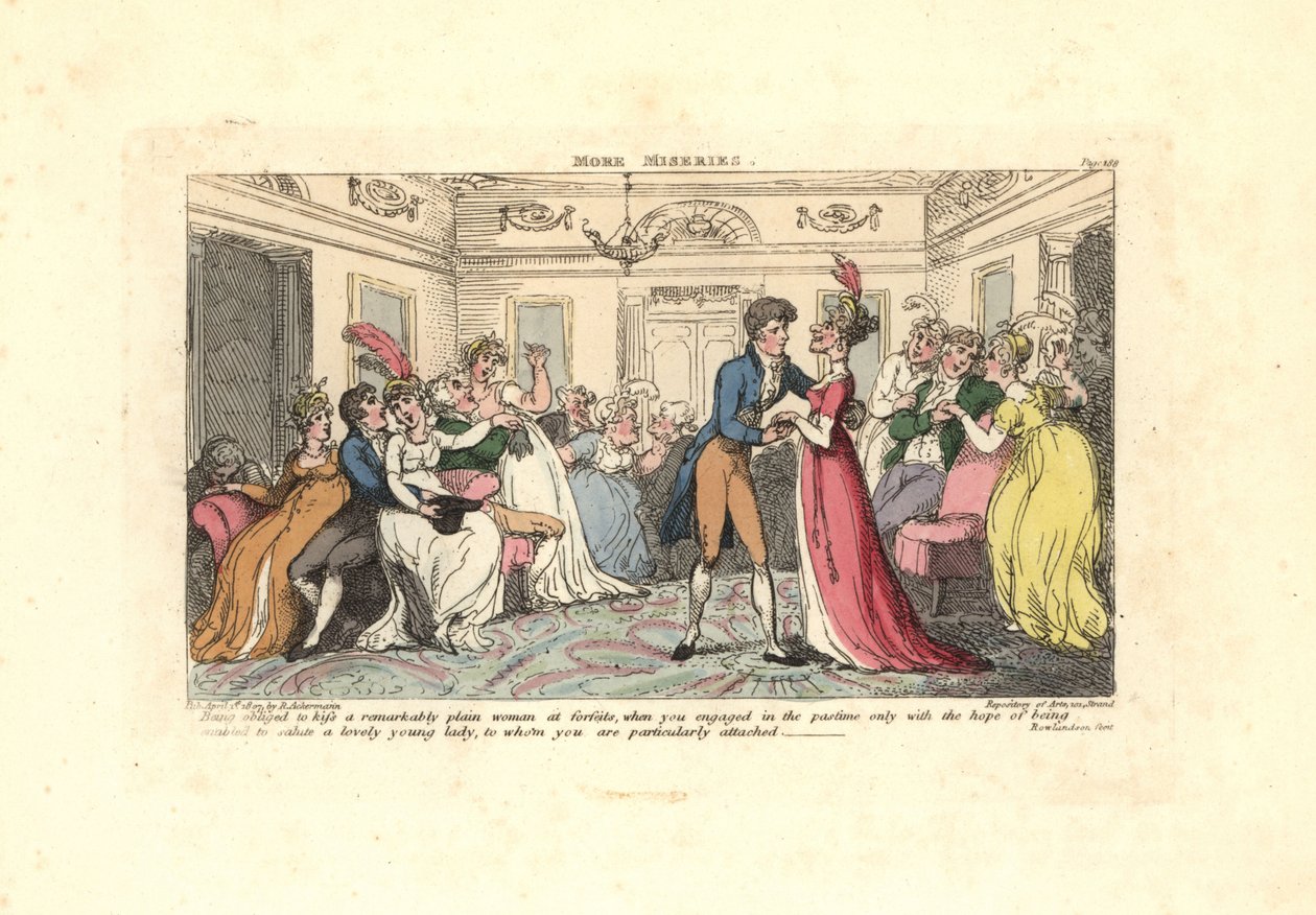 Férfi kénytelen megcsókolni egy csúnya nőt egy táncos mulatságon. alkotó: Thomas Rowlandson