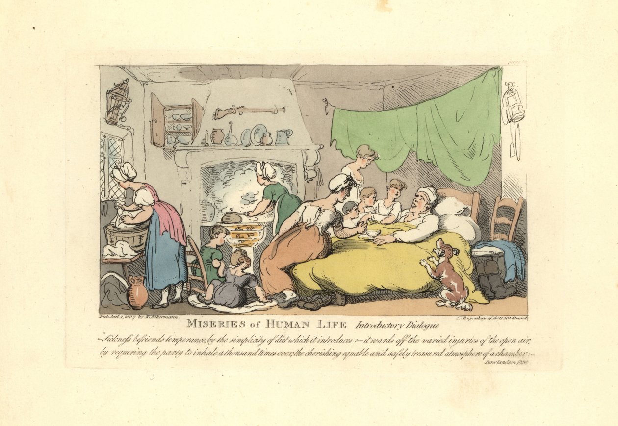 Férfi betegágyában, körülötte szerelmes feleség, gyerekek és mai alkotó: Thomas Rowlandson