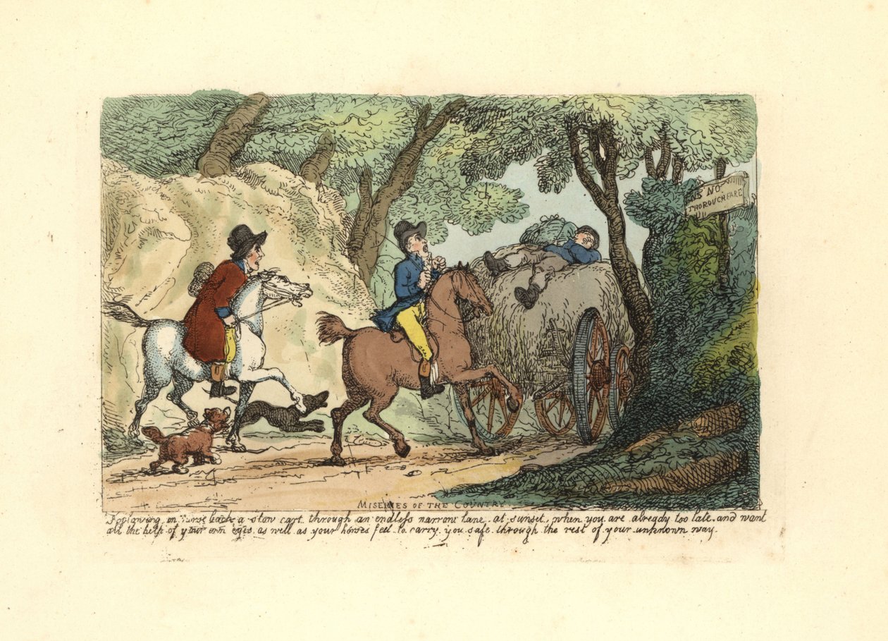 Férfi lóháton egy lassan mozgó kocsi mögött egy szűk sávon. alkotó: Thomas Rowlandson