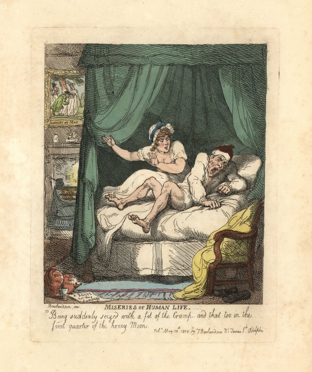 Férfi lábgörcs fogott el a nászutas ágyban. alkotó: Thomas Rowlandson