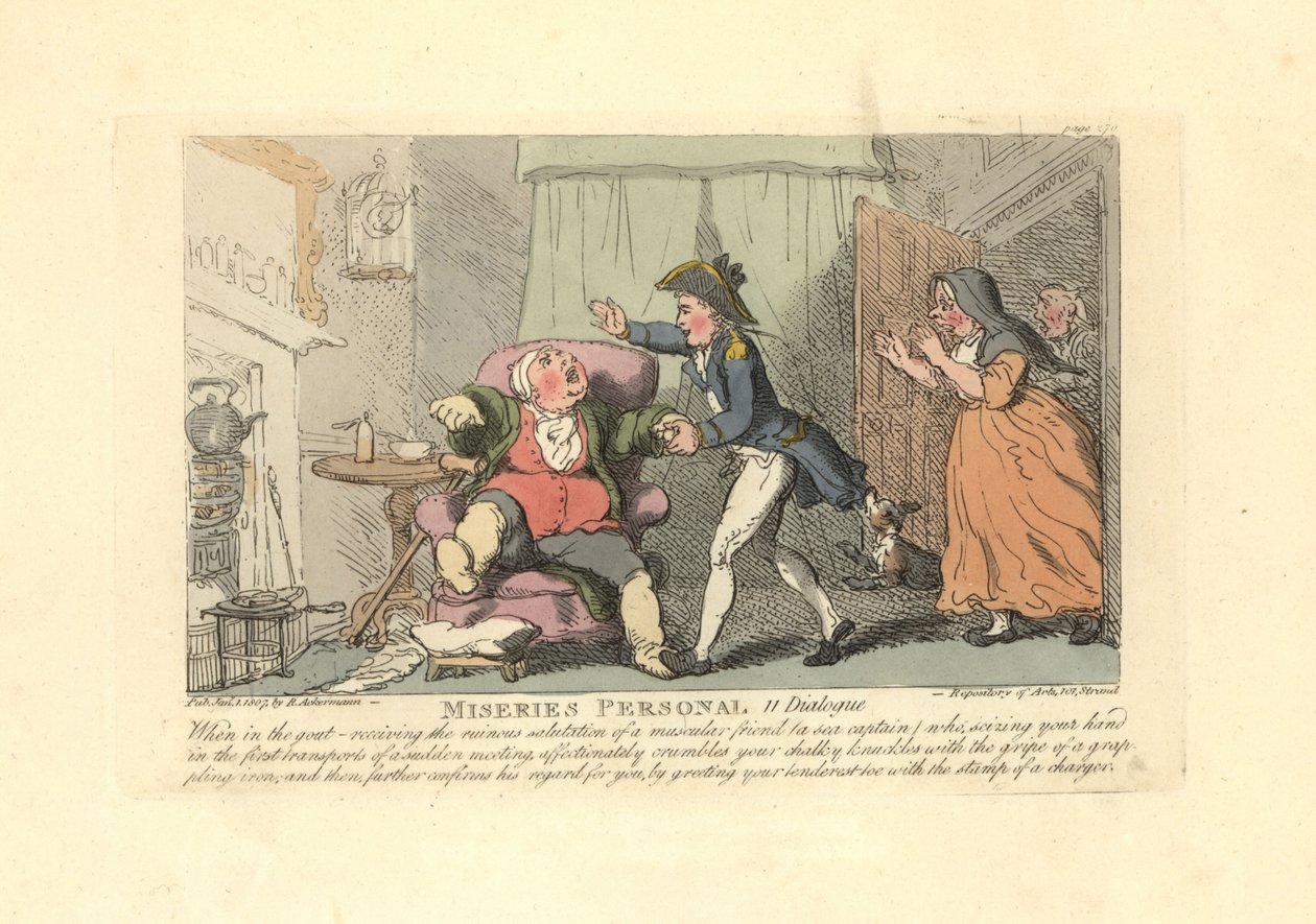 A köszvényben szenvedő férfit fájdalmasan üdvözölte egy tengerész. alkotó: Thomas Rowlandson