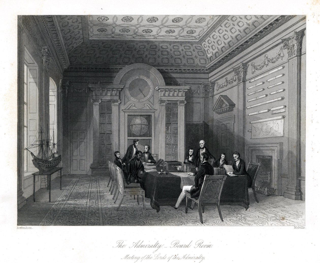 Az Admiralitás urainak találkozója a tanácsteremben, Admiralitás. Henry Melville acélmetszete Thomas Rowlandson illusztrációja után a London Interiors, Their Costumes and Ceremonies, Joshua Mead, Londonból alkotó: Thomas Rowlandson