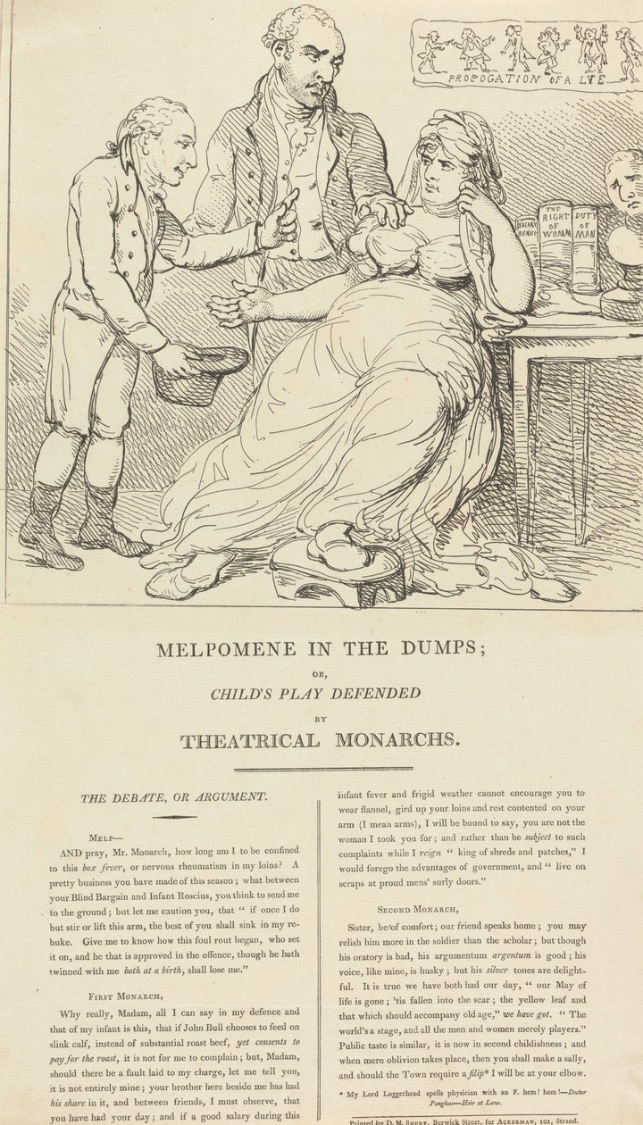 Melpomene mélyponton; illetve: a gyermeki játék védelme a színházi uralkodók részéről alkotó: Thomas Rowlandson