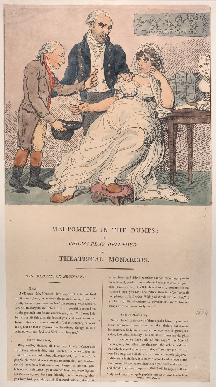 Melpomene a szeméttelepen, avagy a színházi uralkodók által védett gyermekjáték, 1804., 1804. alkotó: Thomas Rowlandson