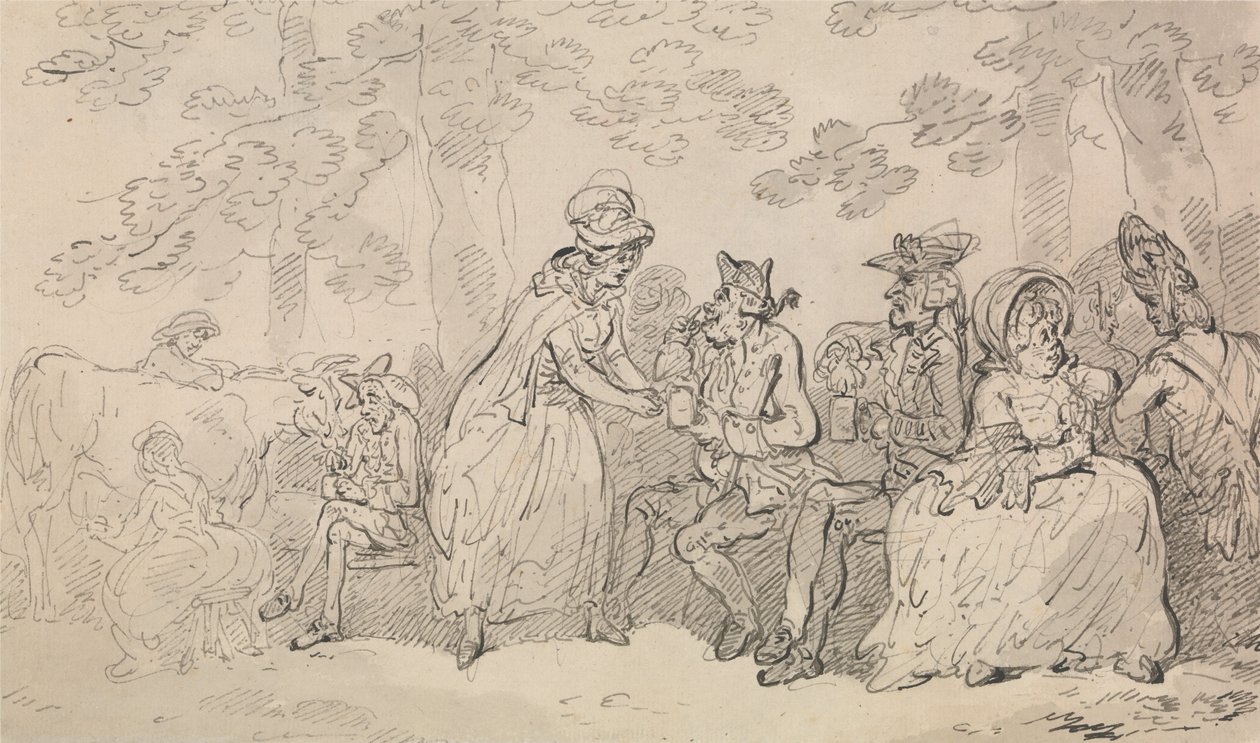 Tejszolgáló lányok és urak a St. James’s Parkban alkotó: Thomas Rowlandson
