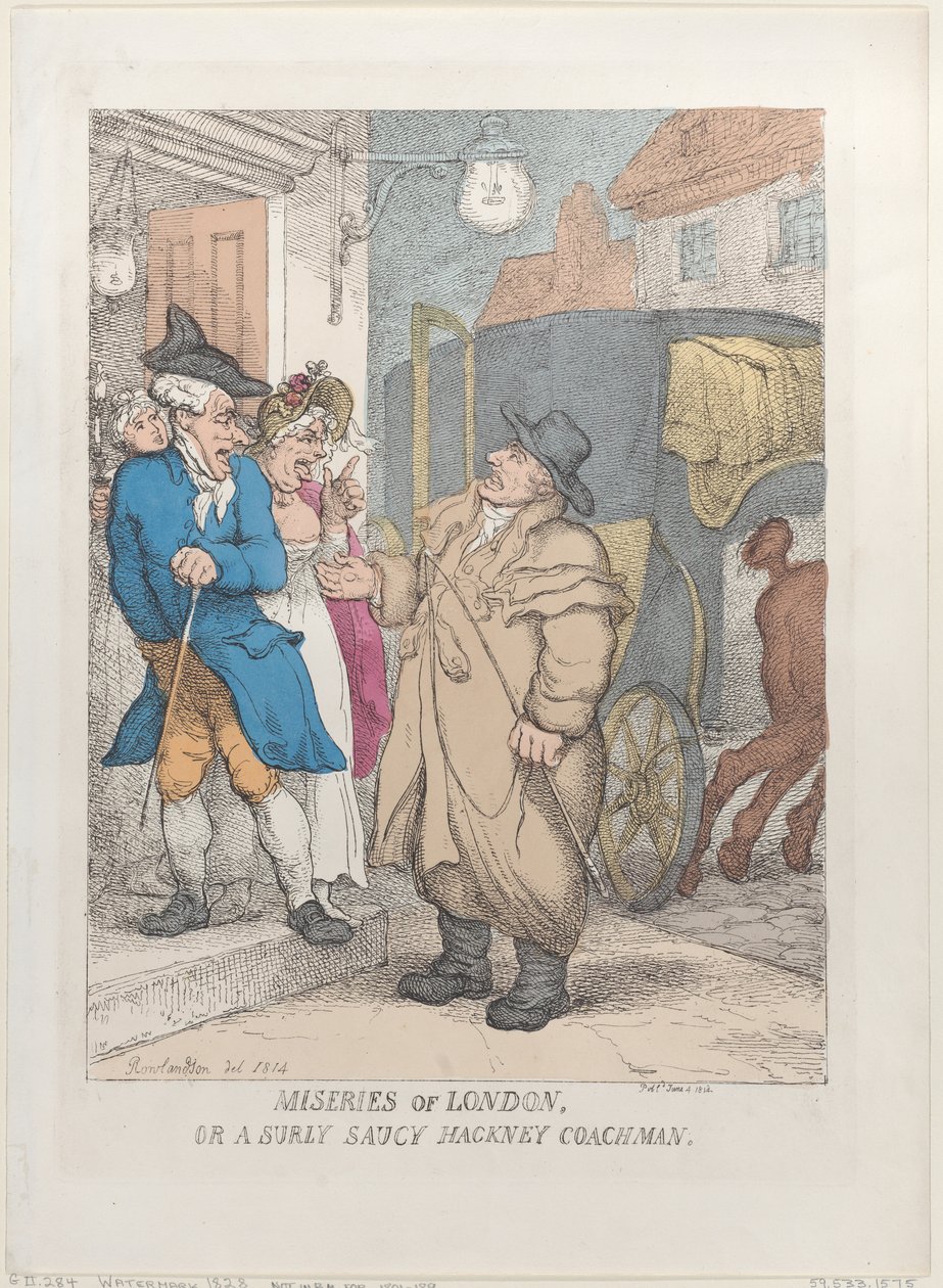Miseries of London, avagy a Surly Saucy Hackney Coachman, 1814. június 4., 1814. június 4. alkotó: Thomas Rowlandson