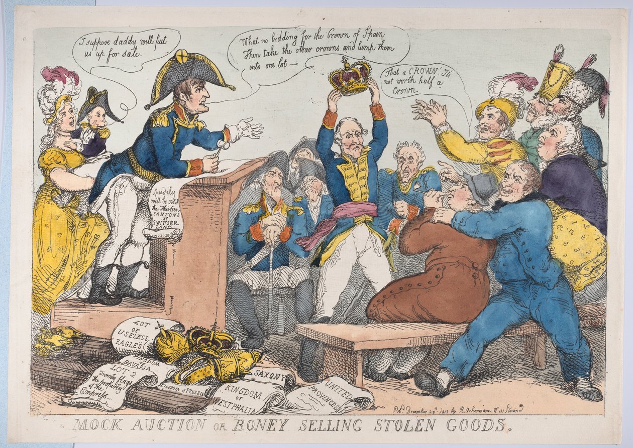 Álárverés vagy lopott holmikat árusító csont, 1813. december 25., 1813. december 25. alkotó: Thomas Rowlandson