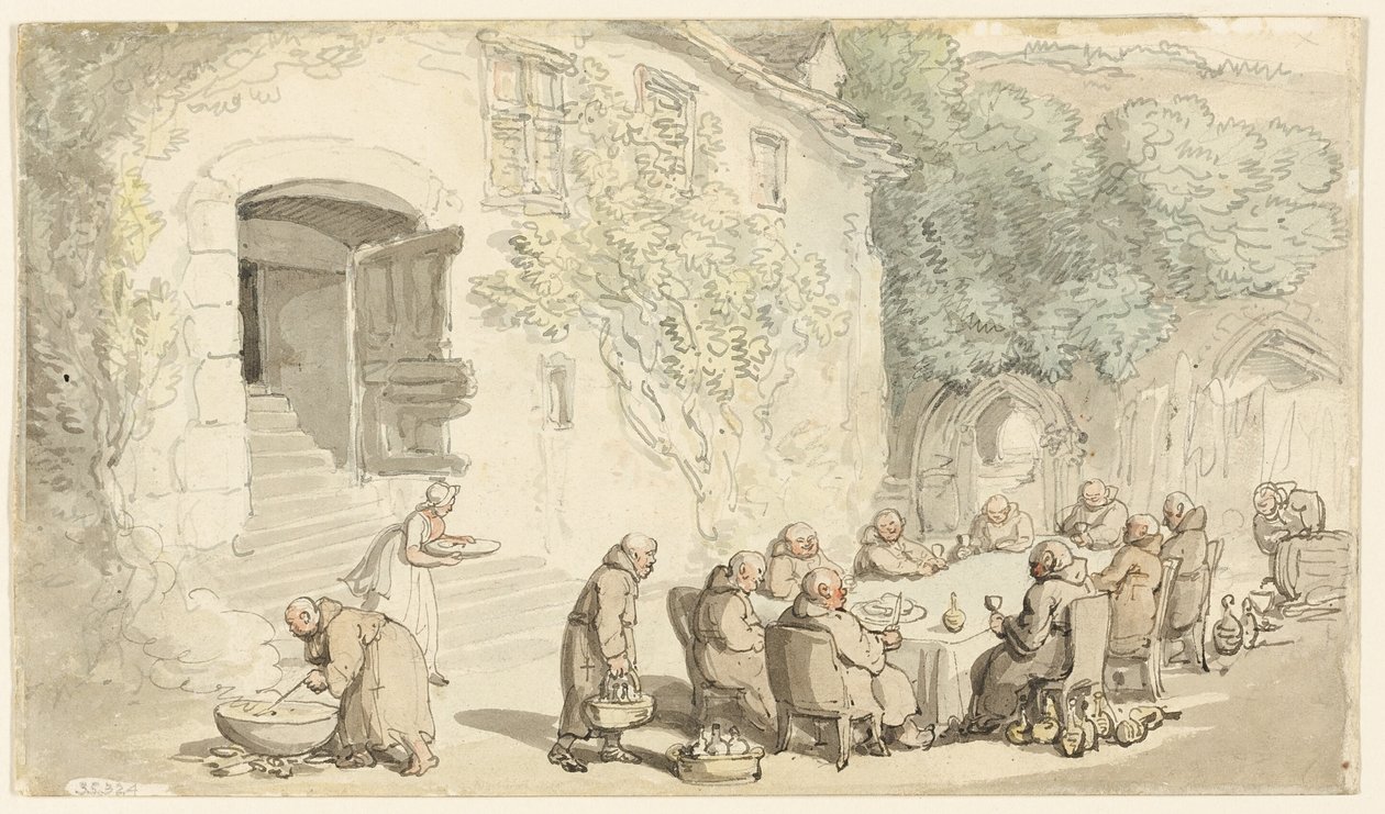 Szerzetesek kint étkeznek (recto); Village Street (verso) alkotó: Thomas Rowlandson