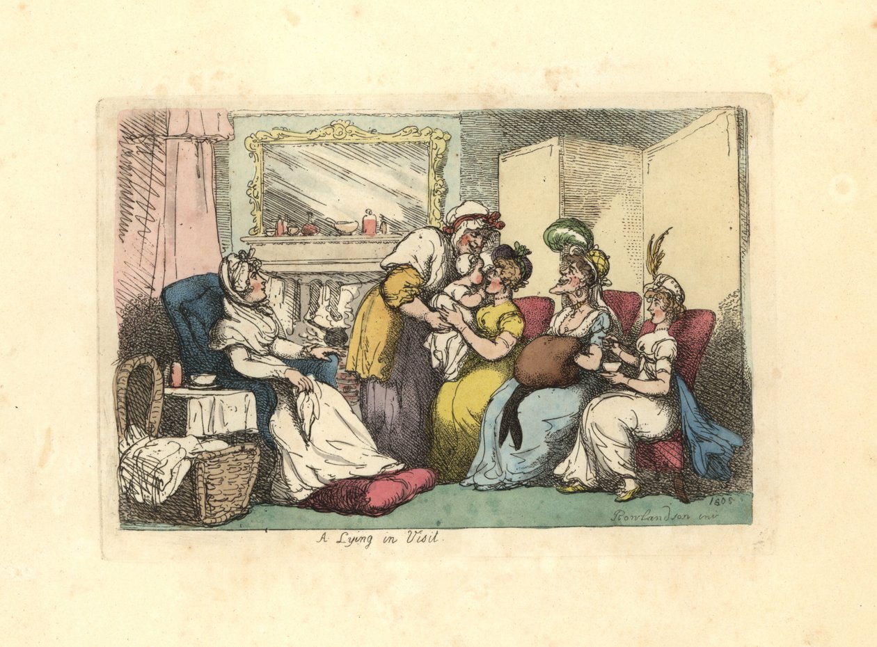 Anya újszülött babával, akit több nő meglátogatott egy szalonban. alkotó: Thomas Rowlandson