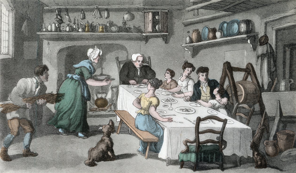 Mr. Burchell első látogatása, illusztrációja Oliver Goldsmith „The Vicar of Wakefield” című könyvéből, pub. Ackermann, 1817 (kézzel színezett akvatinta) alkotó: Thomas Rowlandson