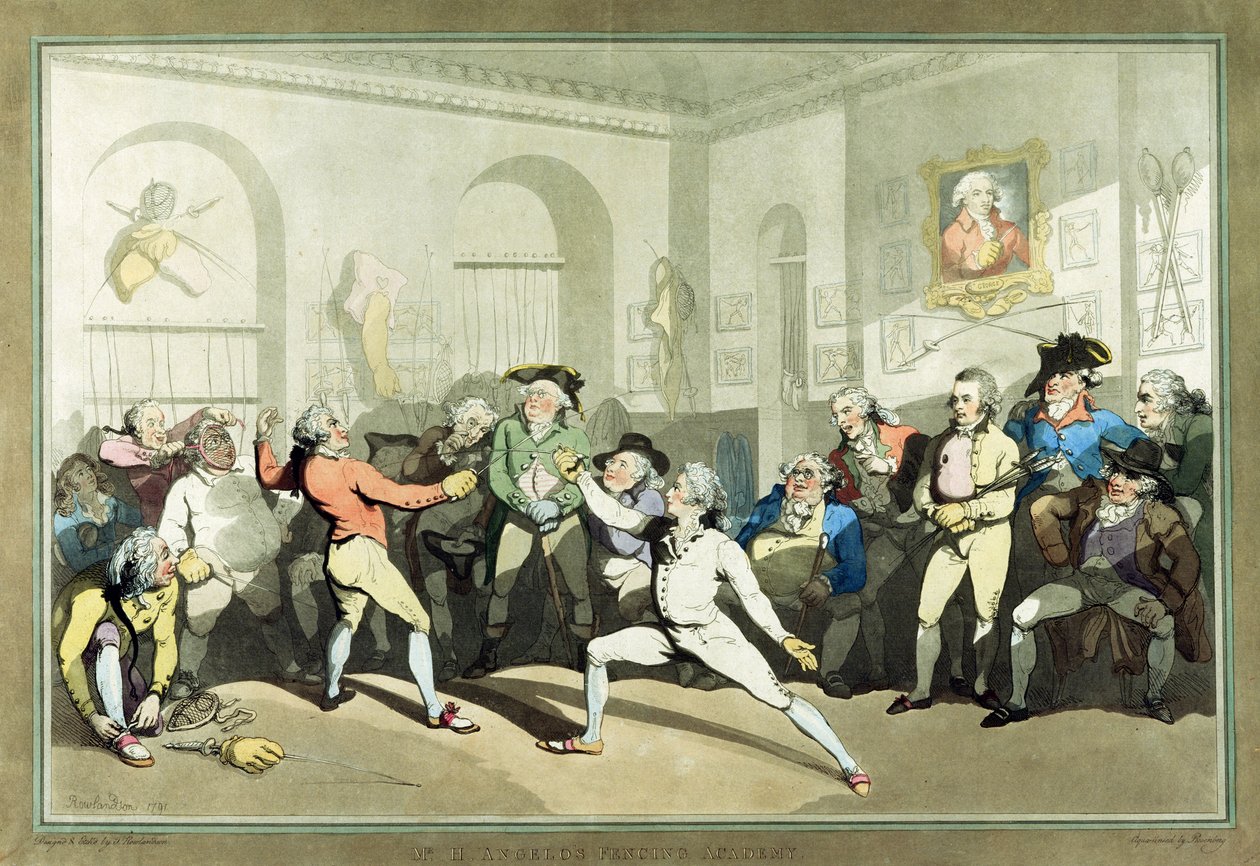H Angelo úr vívóakadémiája, Charles Rosenberg metszete, 1791 (kézzel színezett akvatinta) alkotó: Thomas Rowlandson