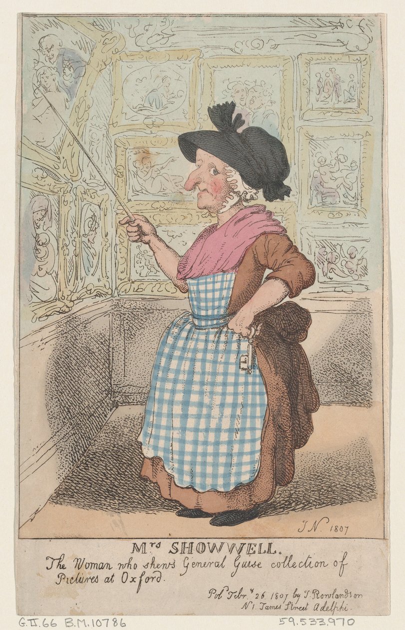 Mrs. Showell, a nő, aki bemutatja Guise tábornok képgyűjteményét az O...-ban, 1807. február 26-án. alkotó: Thomas Rowlandson