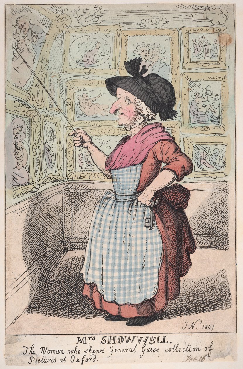 Mrs. Showell, a nő, aki bemutatja Guise tábornok képgyűjteményét az O...-ban, 1807. február 26-án. alkotó: Thomas Rowlandson