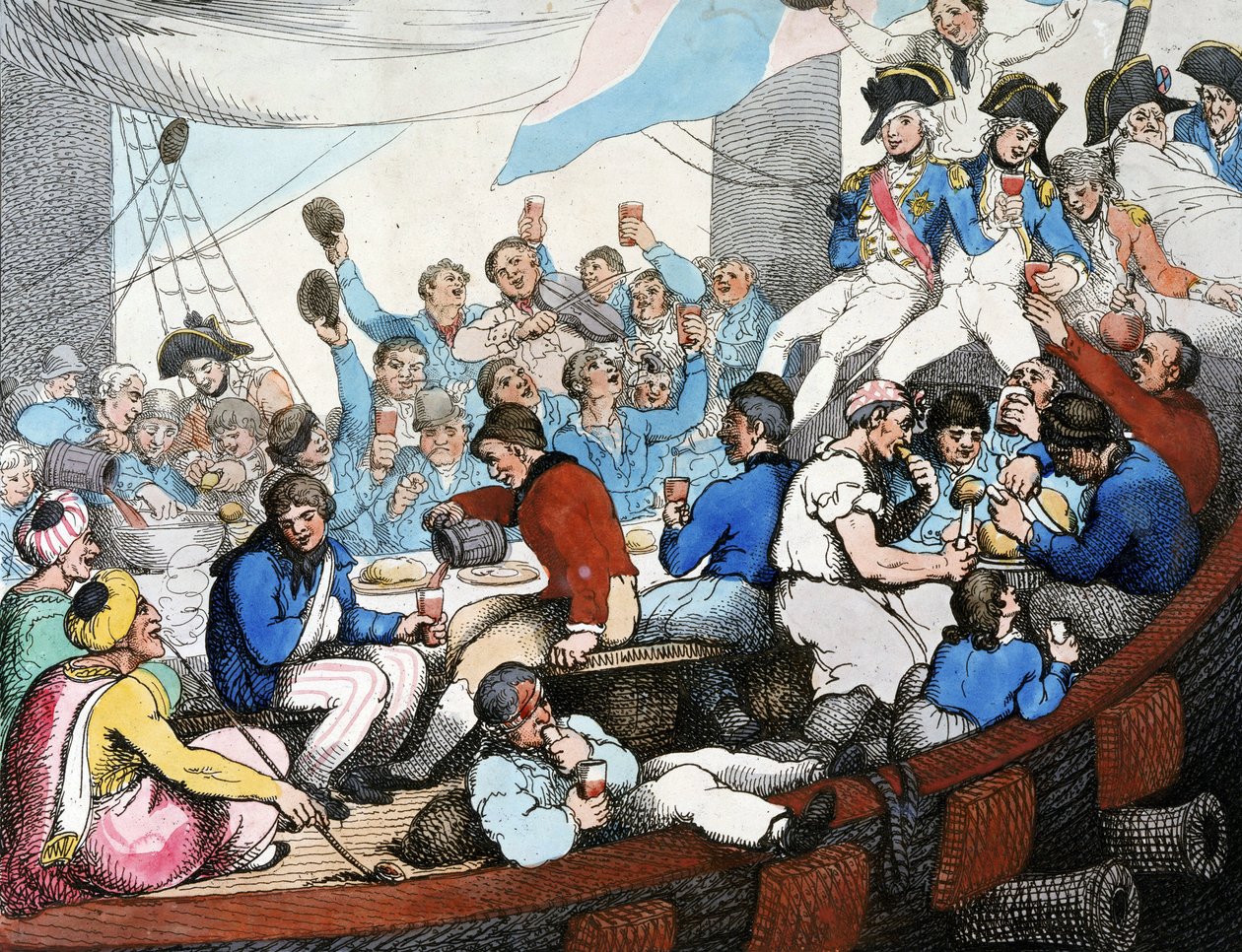 Napóleoni háborúk, egyiptomi hadjárat (expedíció) (1798-1801): Horatio Nelson admirális (1758-1805) csapatával ünnepli a nílusi csatában (aboukiri csata) aratott dicsőséges győzelmét (1798. augusztus), hajója fedélzetén. alkotó: Thomas Rowlandson