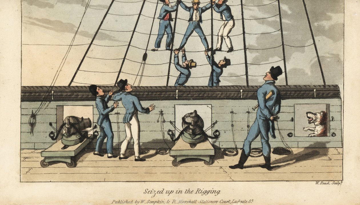 Haditengerészeti átvonulási szertartás: Johnnyt tengerésztársai elfogják és a kötélzetbe terítik. Kézi színű rézmetszet, W. Read Thomas Rowlandson illusztrációja után Alfred Burton: Johnny Newcombe kalandjai a haditengerészetben, Simp alkotó: Thomas Rowlandson