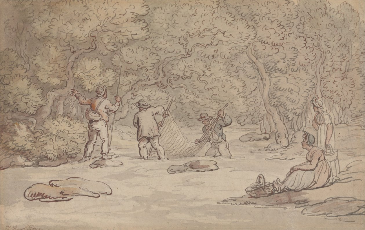 Egy lazacmedence hálóval való körülkerítése alkotó: Thomas Rowlandson