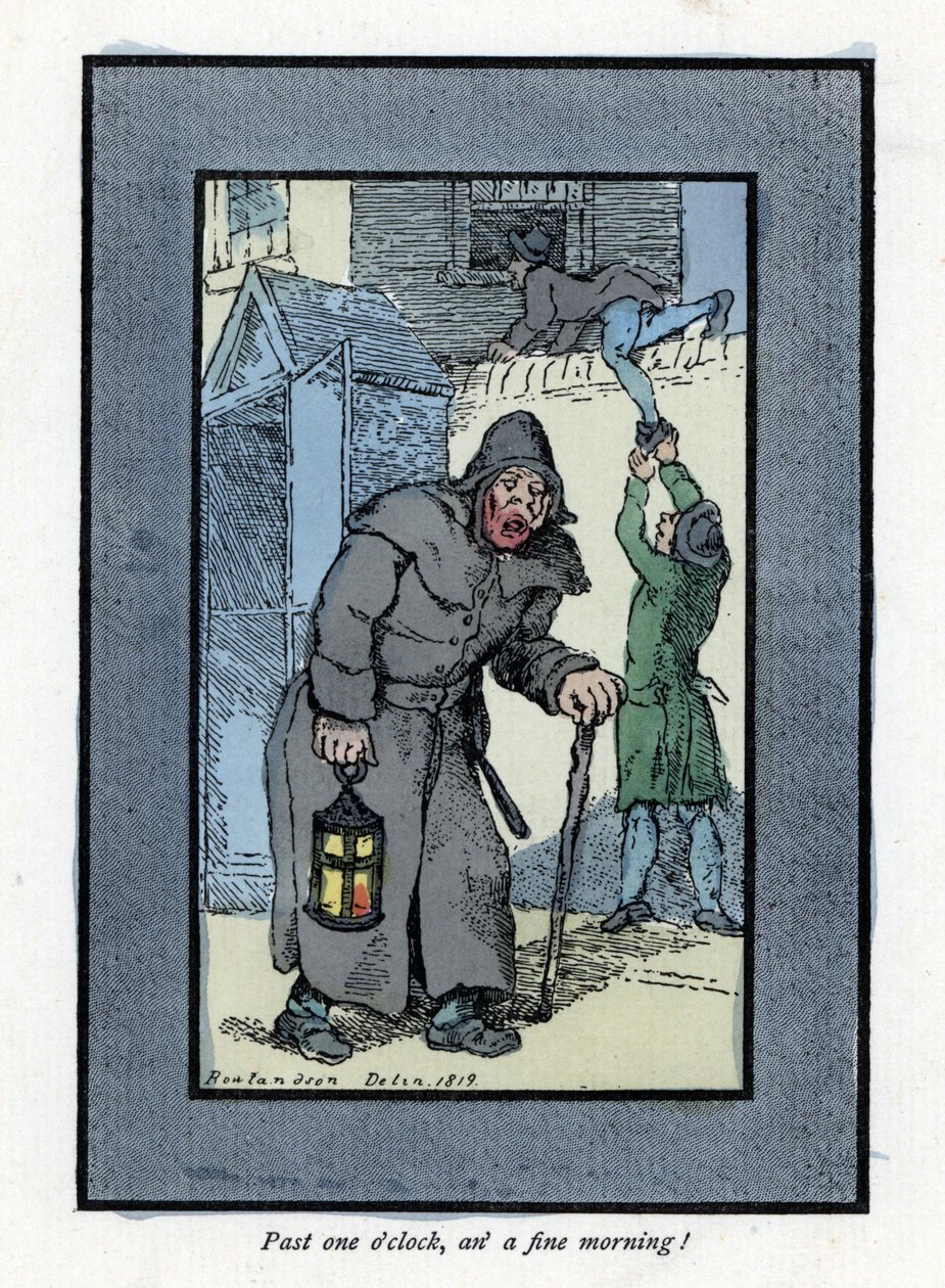 Éjjeli őr lámpásával és botjával, figyelmetlen a mögötte lévő házba bemenő két betörőre (1819). Thomas Rowlandson (1756-1827) festménye alapján készült fametszet, amely a londoni válságban jelent meg: hat bájos gyerekkel és közel 40 illussal alkotó: Thomas Rowlandson