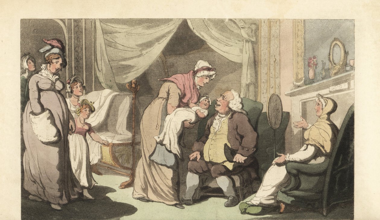 Nővér egy babát mutat egy idős férfinak és nőnek alkotó: Thomas Rowlandson