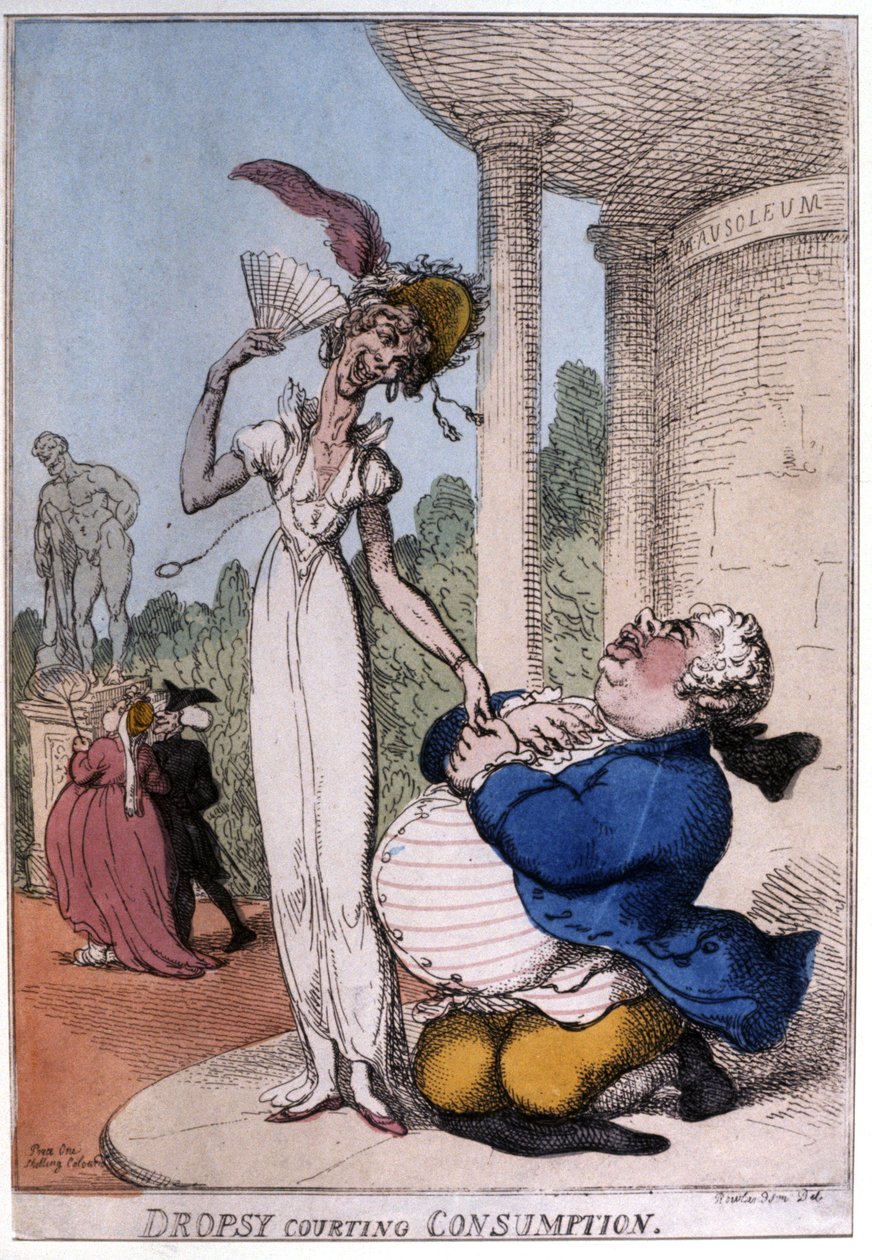 Elhízott férfi udvarol egy tuberkulózisos betegnek: vízkór és fogyasztás, 19. század eleje (karikatúra) alkotó: Thomas Rowlandson