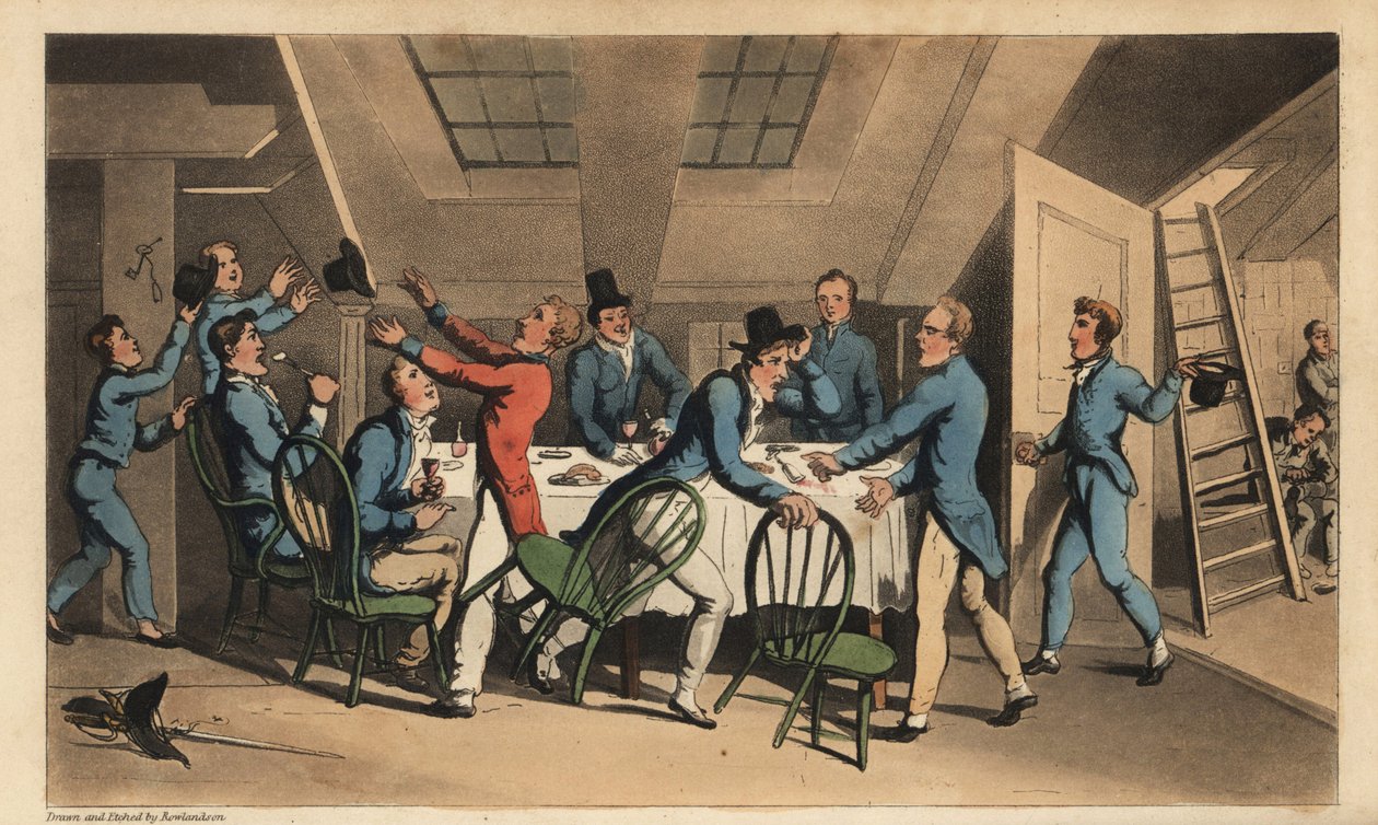Tisztek és középhajósok ünneplik a hírt, hogy a kapitány elhagyta a hajót. Kézi színű rézmetszet, W. Read Thomas Rowlandson illusztrációja után Alfred Burton: Johnny Newcombe kalandjai a haditengerészetben, Simpkin, London alkotó: Thomas Rowlandson