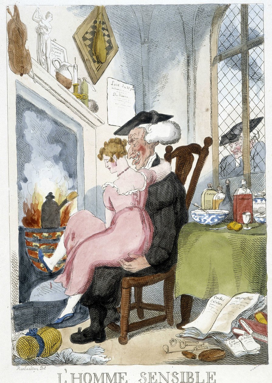 Öreg férfi (eziasztikus), egy fiatal nőt tapogatózik a térdén ülve - Rowlandson karikatúrája alkotó: Thomas Rowlandson
