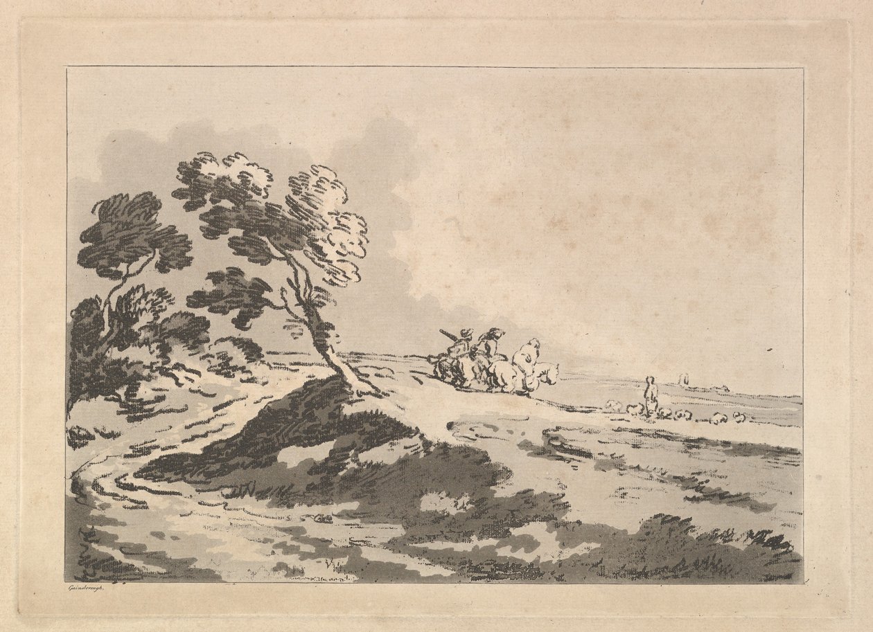 Nyílt táj három lovassal a középtávon jobbra haladva, Windblo..., 1784-88. alkotó: Thomas Rowlandson