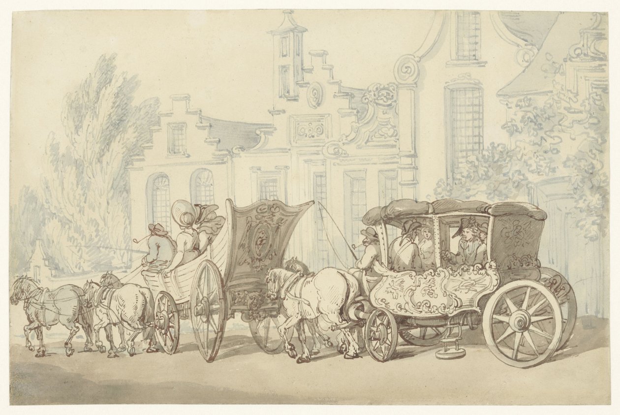 Nyitott kocsi és kocsi egy kvázi holland utcában alkotó: Thomas Rowlandson