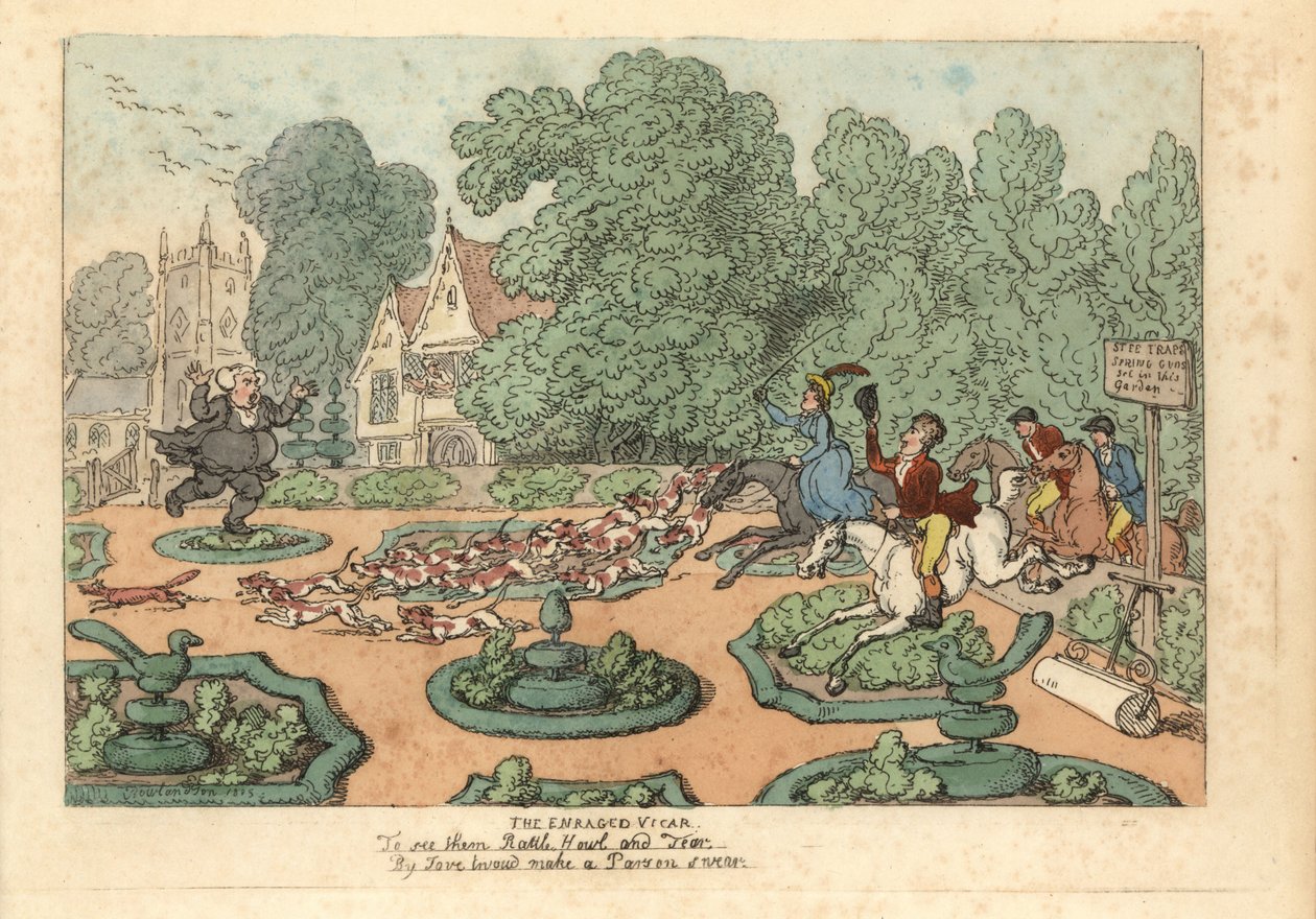 Parson a rókavadászokat és a kertjét taposó vadászkutyákat káromkodva. alkotó: Thomas Rowlandson