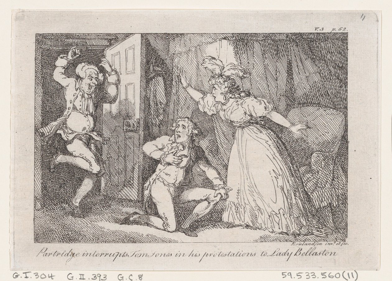 Partridge megzavarja Tom Jonest a Lady Bellastonnak szóló tiltakozásában, a The History o...-ból, 1792. alkotó: Thomas Rowlandson