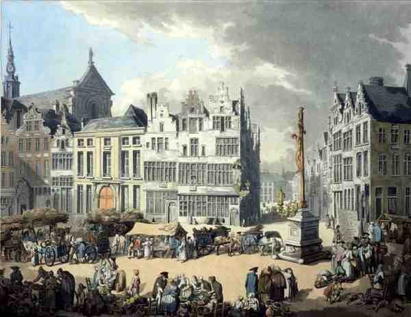Place de Mier Antwerpenben, Wright és Schutz metszete, kocsma. írta: Rudolph Ackermann alkotó: Thomas Rowlandson