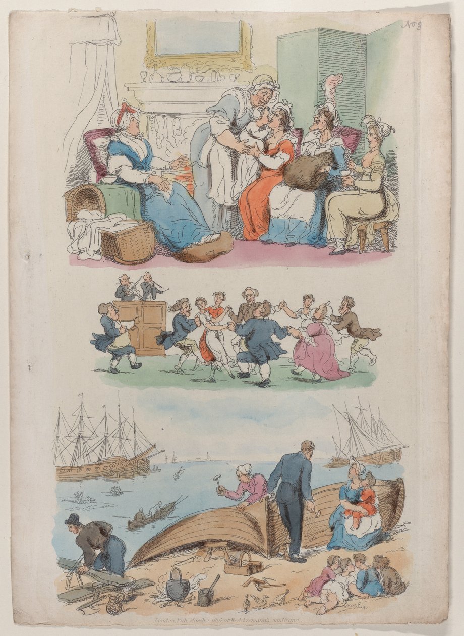 4. tábla: Fekvőlátogatás, kerek tánc, a Miniatűr világból, 1816., 1816. alkotó: Thomas Rowlandson