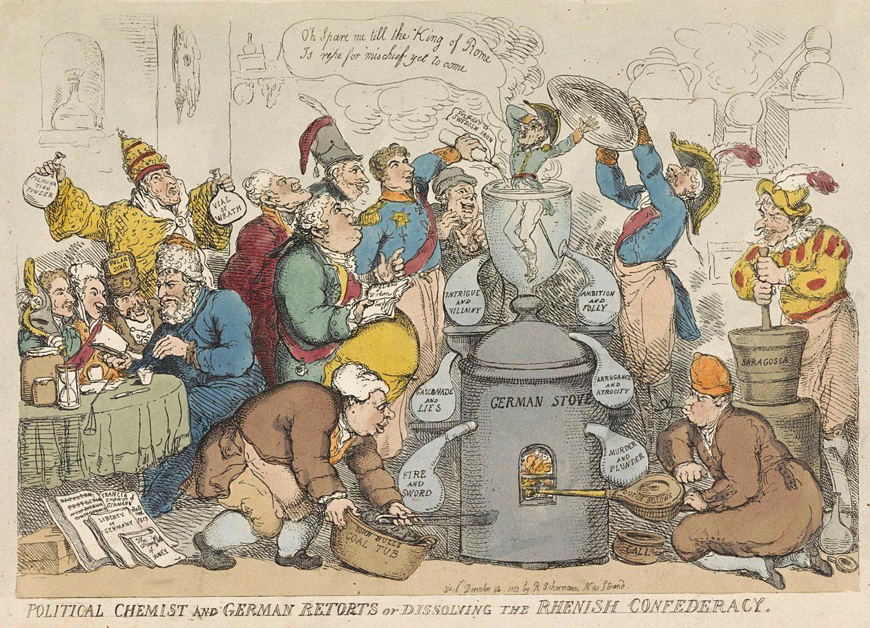Politikai vegyész és német hárítások vagy a rajnai konföderáció feloszlatása, kocsma. 1813 (kézzel színezett metszet) alkotó: Thomas Rowlandson
