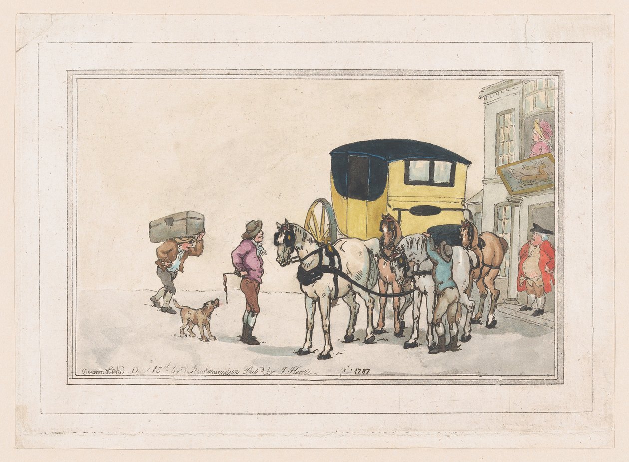 Postafiúk és postalovak a White Hart fogadóban, 1787. december 15., 1787. december 15. alkotó: Thomas Rowlandson