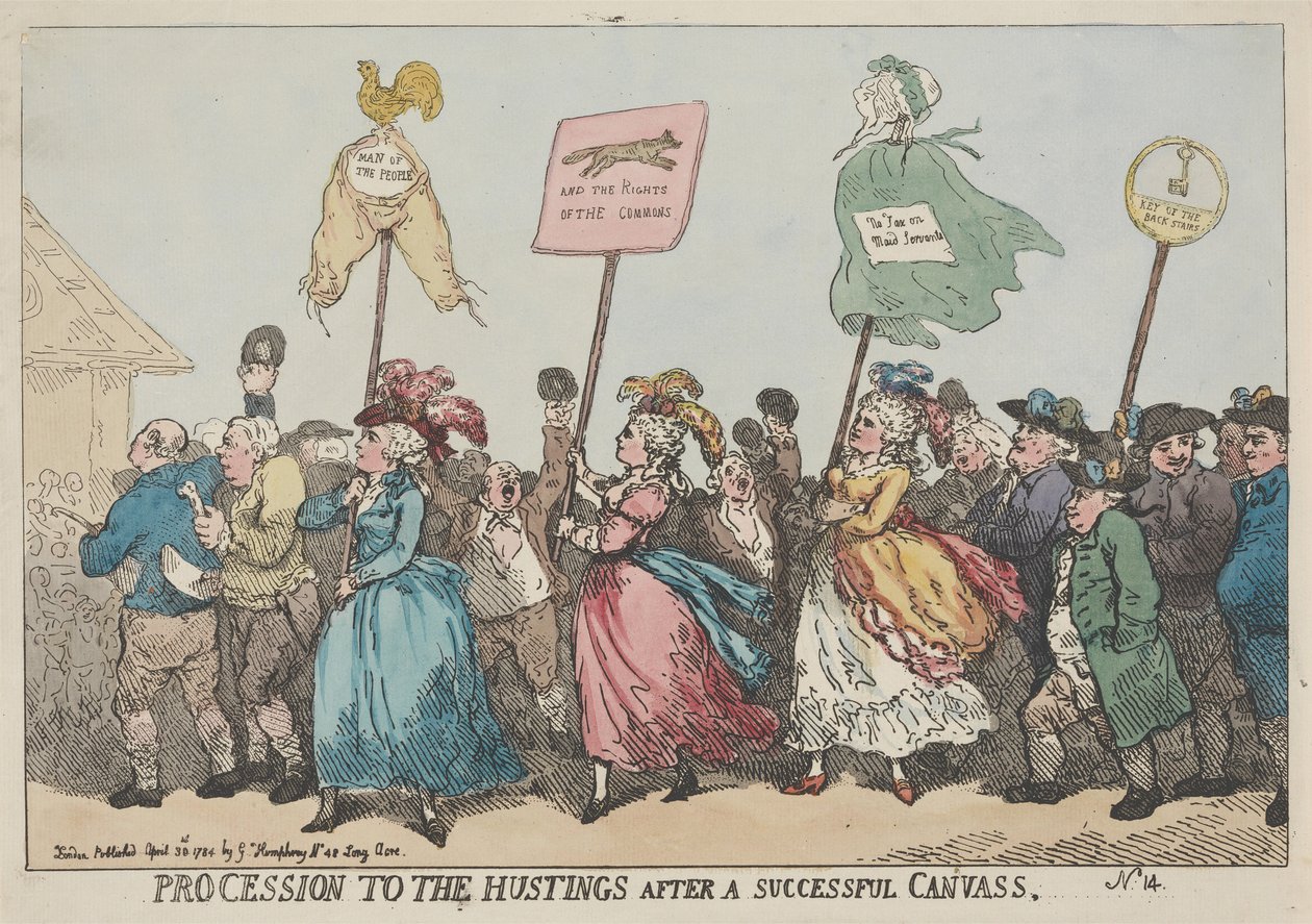 Sikeres választási kampányt követő felvonulás a választási emelvényhez alkotó: Thomas Rowlandson