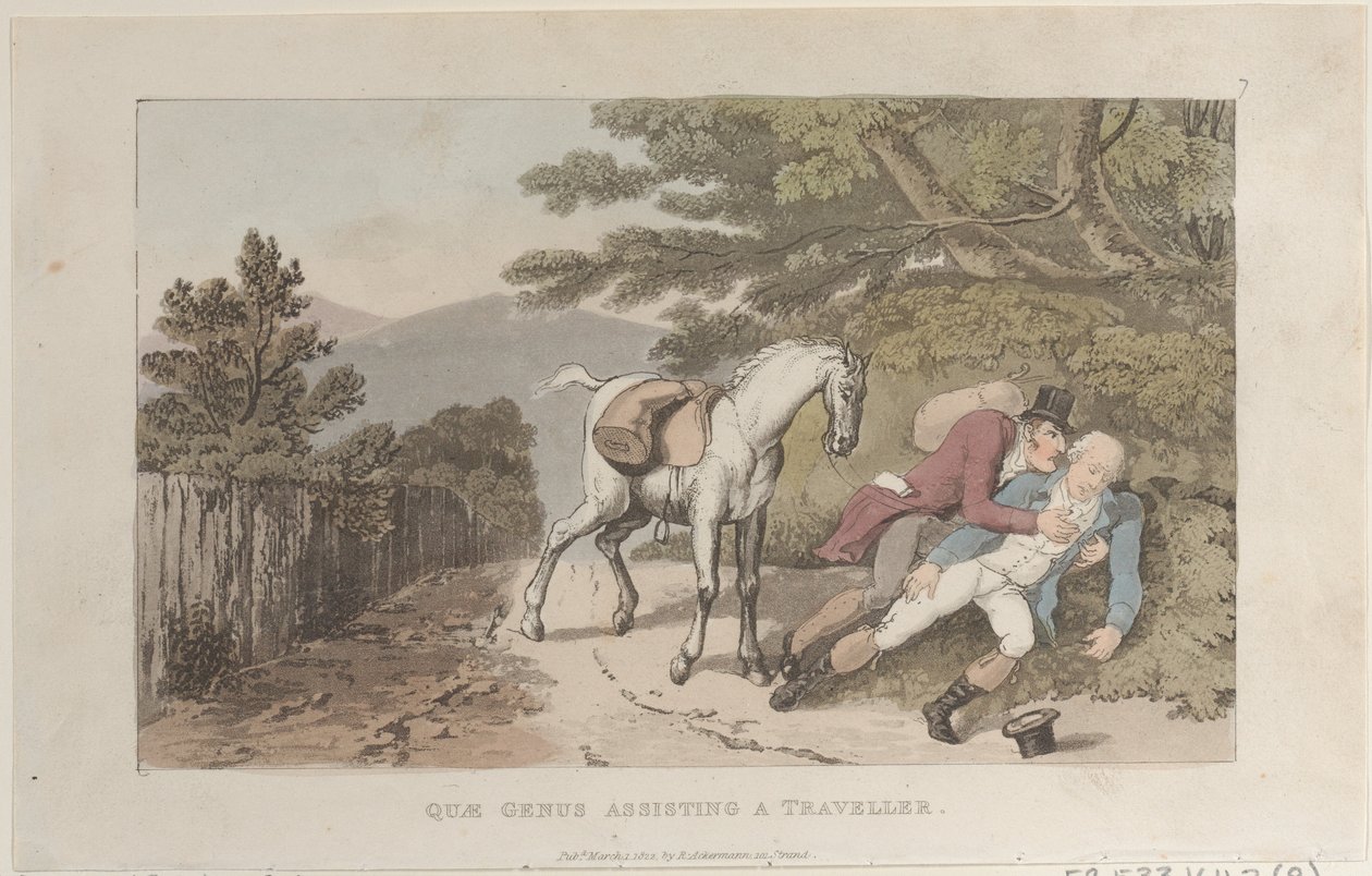 Quae Genus Assisting a Traveller, The History of Johnny Quae Genus, The Litt..., 1822. március 1.. alkotó: Thomas Rowlandson