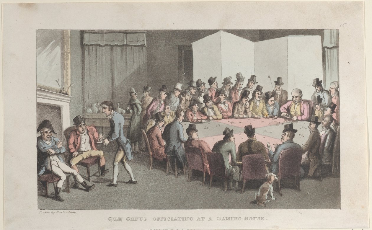 Quae nemzetség egy játékházban hivatalban, a The History of Johnny Quae Gen...-ből, 1821. november 1. alkotó: Thomas Rowlandson