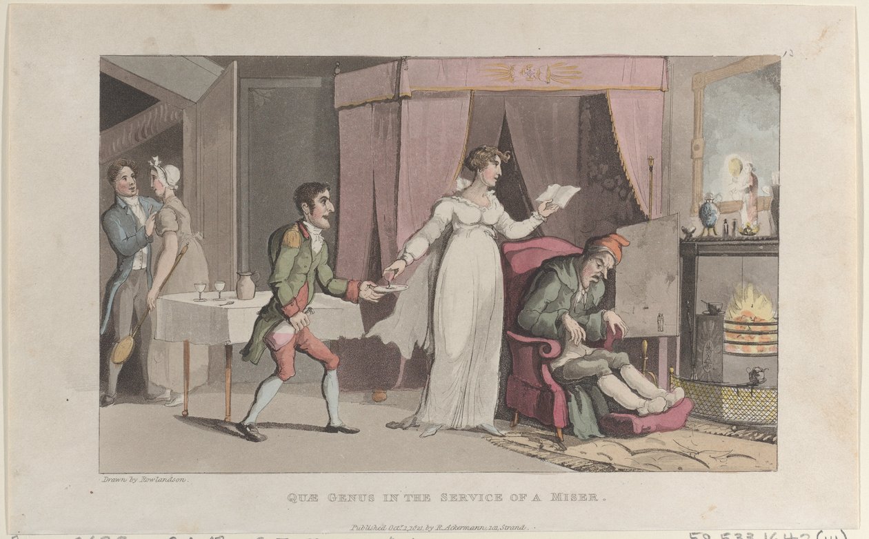 Quae Genus egy fösvény szolgálatában, The History of Johnny Quae Genusból, T..., 1821. október 1.. alkotó: Thomas Rowlandson