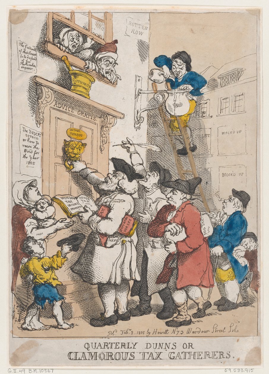 Quarterly Dunns, avagy Clamorous Tax Gatherers, 1805. február 3., 1805. február 3. alkotó: Thomas Rowlandson