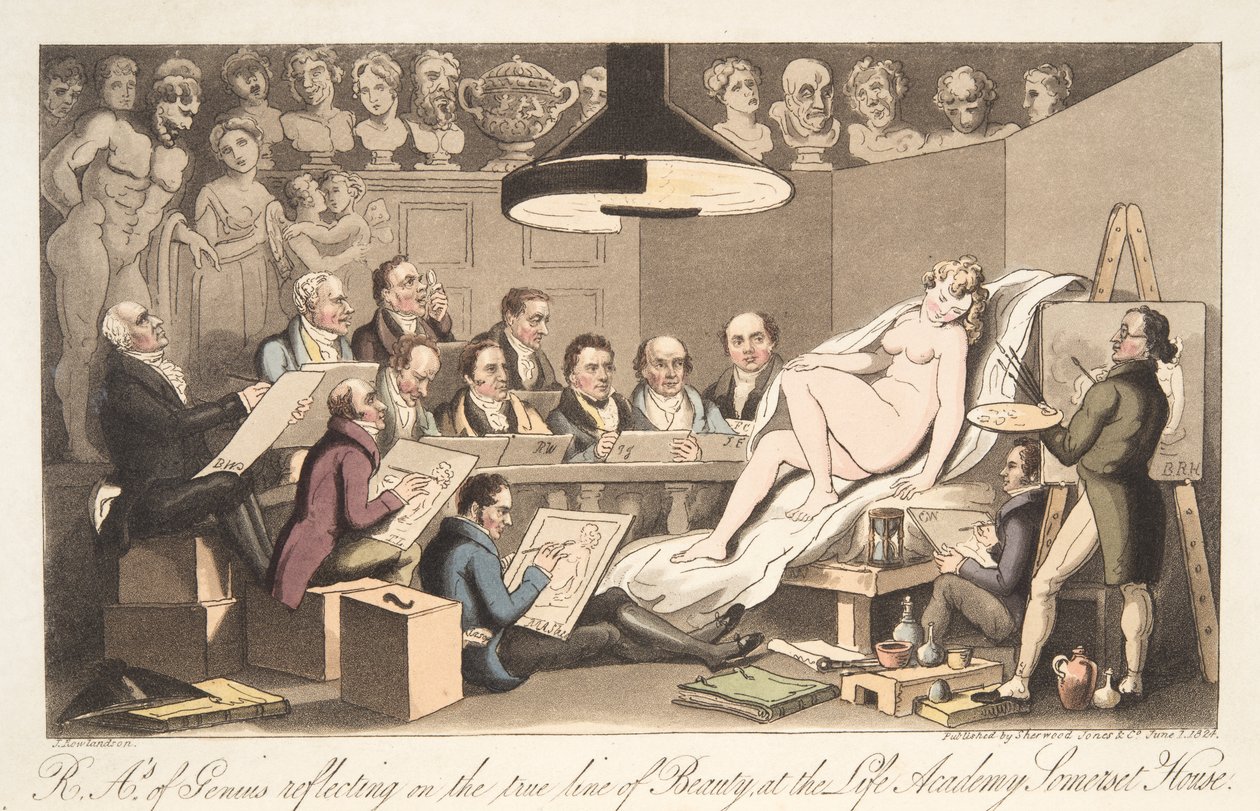 A Genius R---A---ys a szépség valódi irányzatáról elmélkedik a Life Academy-n, Somerset House-ban, az angol kémből, kocsmából. 1824 (kézzel színezett metszet) alkotó: Thomas Rowlandson
